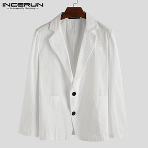 Cotton Linen Leisure Elegant Suit Collar Solid Color Blazer Long Sleeve Cool Button Down Thin Overwear INCERUN Masculino 2019