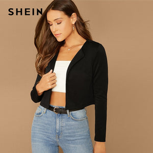 SHEIN Black Solid Shawl Collar Crop Blazer Women Summer Autumn Long Sleeve Elegant Outwear Coats Workwear Blazers