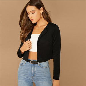 SHEIN Black Solid Shawl Collar Crop Blazer Women Summer Autumn Long Sleeve Elegant Outwear Coats Workwear Blazers