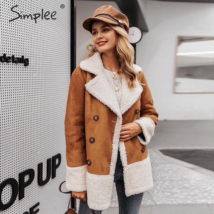 Simplee Vintage suede patchwork fur coat women Autumn winter buttons pockets female warm overcoat Streetwear ladies long jackets