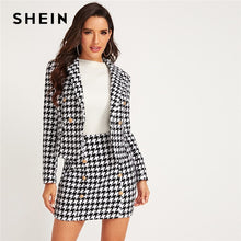 Load image into Gallery viewer, SHEIN Black And White Shawl Collar Houndstooth Print Blazer And Bodycon Skirt Elegant Set 2019 Autumn Ladies Buttoned Suit Sets