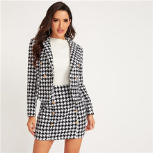 Load image into Gallery viewer, SHEIN Black And White Shawl Collar Houndstooth Print Blazer And Bodycon Skirt Elegant Set 2019 Autumn Ladies Buttoned Suit Sets