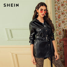 Load image into Gallery viewer, SHEIN Black Dual Pocket Button Front Belted Casual PU Coat Women 2019 Autumn Streetwear Faux Leather Long Sleeve Outwear Coats