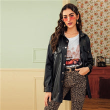 Load image into Gallery viewer, SHEIN Black Dual Pocket Button Front Belted Casual PU Coat Women 2019 Autumn Streetwear Faux Leather Long Sleeve Outwear Coats