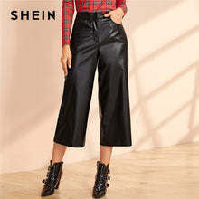 Load image into Gallery viewer, SHEIN Black Wide Leg PU Leather Wide Leg Capris Pants Women Autumn Mid Waist Zipper Fly Glamorous Thin Loose Trousers