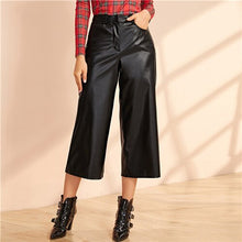 Load image into Gallery viewer, SHEIN Black Wide Leg PU Leather Wide Leg Capris Pants Women Autumn Mid Waist Zipper Fly Glamorous Thin Loose Trousers