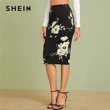 Load image into Gallery viewer, SHEIN Black Elastic Waist Floral Print Pencil Skirt Women Office Lady Autumn High Waist Slim Fitted Elegant Midi Skirts