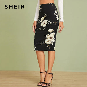 SHEIN Black Elastic Waist Floral Print Pencil Skirt Women Office Lady Autumn High Waist Slim Fitted Elegant Midi Skirts