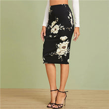 Load image into Gallery viewer, SHEIN Black Elastic Waist Floral Print Pencil Skirt Women Office Lady Autumn High Waist Slim Fitted Elegant Midi Skirts