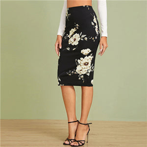 SHEIN Black Elastic Waist Floral Print Pencil Skirt Women Office Lady Autumn High Waist Slim Fitted Elegant Midi Skirts