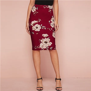 SHEIN Black Elastic Waist Floral Print Pencil Skirt Women Office Lady Autumn High Waist Slim Fitted Elegant Midi Skirts