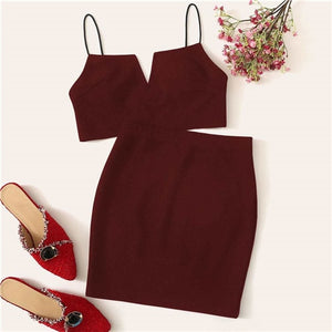 SHEIN V-Cut Crop Cami Top And Skirt Set Sexy Solid Notched Spaghetti Strap Summer Sleeveless Women Two Piece Sets