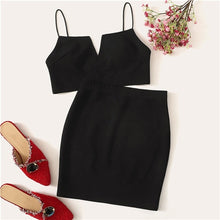 Load image into Gallery viewer, SHEIN V-Cut Crop Cami Top And Skirt Set Sexy Solid Notched Spaghetti Strap Summer Sleeveless Women Two Piece Sets