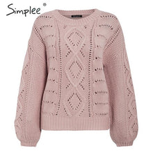 Load image into Gallery viewer, Simplee Hollow out knitted women pullover sweater Lantern sleeve female autumn winter sweater O-neck casual ladies jumper 2019