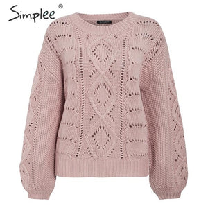 Simplee Hollow out knitted women pullover sweater Lantern sleeve female autumn winter sweater O-neck casual ladies jumper 2019