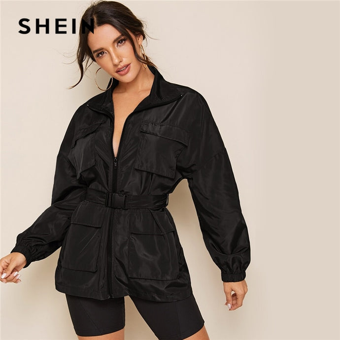 SHEIN Black Zip Up Pocket Patched Jacket With Push Buckle Belt Women Autumn Solid Windbreaker Casual Sporting Outwear Jackets