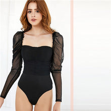 Load image into Gallery viewer, SHEIN x Madelaine Black Puff Sleeve Crinkle Mesh Bodice Fitted Bodysuit Women Autumn Sweetheart Neck Ruched Party Bodysuits