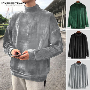 2019 Men Half Hight Neck Thermal Loose Tops Literary Fresh Pure Color Long Sleeve Pullover Warm Sweatshirts INCERUN Sudadera 5XL