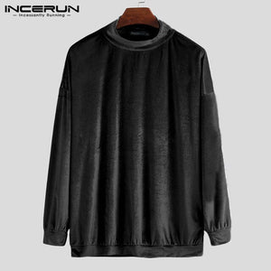 2019 Men Half Hight Neck Thermal Loose Tops Literary Fresh Pure Color Long Sleeve Pullover Warm Sweatshirts INCERUN Sudadera 5XL