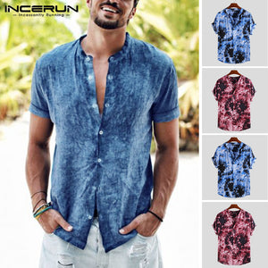 INCERUN Summer Beach Hawaiian Shirt Mens Shirt Short Sleeve Collarless Casual Tops Camisa Retro Print Streetwear 2019 Men Tops