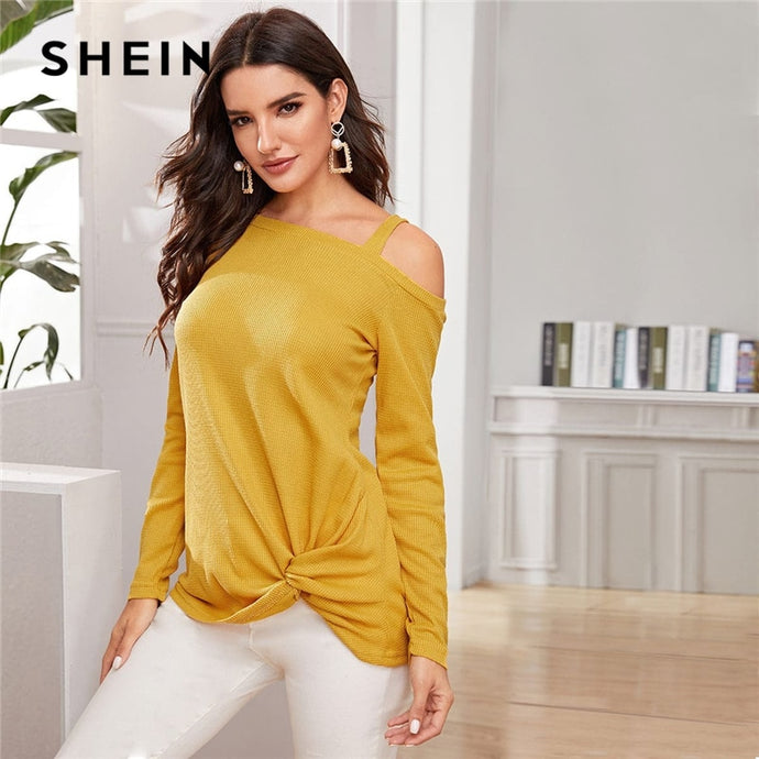 SHEIN Yellow Asymmetrical Neck Twist Hem Casual Sweater Women Autumn Winter Streetwear Long Sleeve Solid Ladies Casual Sweaters