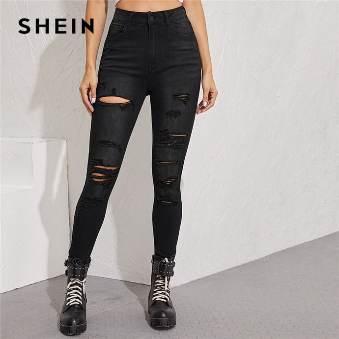 SHEIN Black Frayed Edge Ripped Skinny Cropped Jeans Women Bottoms Autumn Shredded Casual Mid Waist Denim Trousers