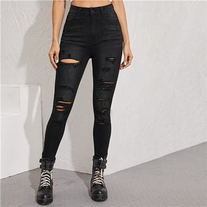 SHEIN Black Frayed Edge Ripped Skinny Cropped Jeans Women Bottoms Autumn Shredded Casual Mid Waist Denim Trousers