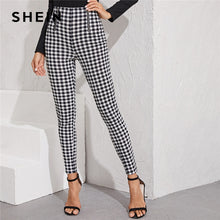 Load image into Gallery viewer, SHEIN Black And White Zipper Front Gingham Print Skinny Preppy Pants Women Autumn Streetwear Ladies Basic Long Stretchy Trousers