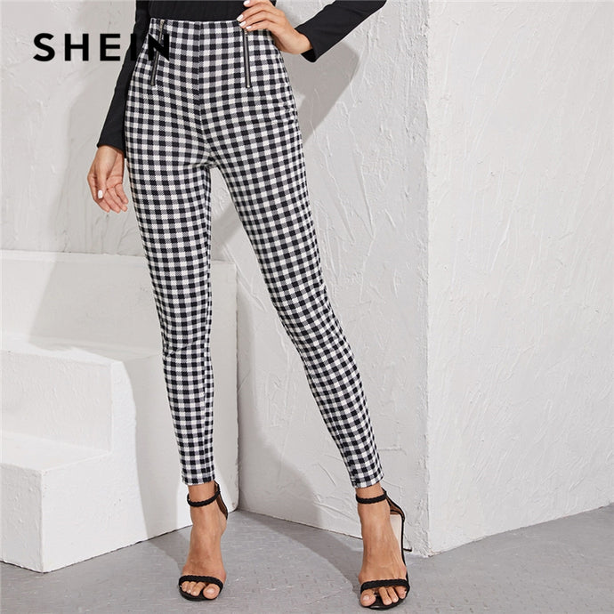 SHEIN Black And White Zipper Front Gingham Print Skinny Preppy Pants Women Autumn Streetwear Ladies Basic Long Stretchy Trousers