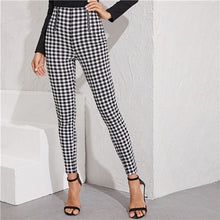 Load image into Gallery viewer, SHEIN Black And White Zipper Front Gingham Print Skinny Preppy Pants Women Autumn Streetwear Ladies Basic Long Stretchy Trousers