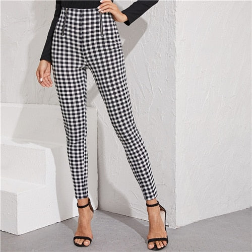 SHEIN Black And White Zipper Front Gingham Print Skinny Preppy Pants Women Autumn Streetwear Ladies Basic Long Stretchy Trousers