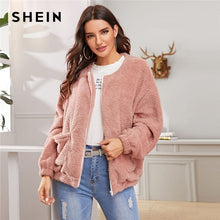 Load image into Gallery viewer, SHEIN Pink Solid Zipper Front Casual Teddy Jacket Coat Women 2019 Winter Streetwear Long Sleeve Double Pocket Ladies Outwear