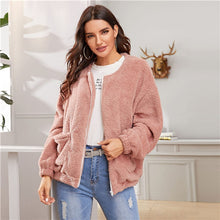 Load image into Gallery viewer, SHEIN Pink Solid Zipper Front Casual Teddy Jacket Coat Women 2019 Winter Streetwear Long Sleeve Double Pocket Ladies Outwear