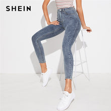 Load image into Gallery viewer, SHEIN Grey Zipper Fly Bleach Wash Skinny Casual Jeans Women Bottoms 2019 Autumn Streetwear Mid Waist Buttoned Denim Trousers