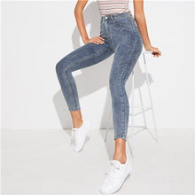 Load image into Gallery viewer, SHEIN Grey Zipper Fly Bleach Wash Skinny Casual Jeans Women Bottoms 2019 Autumn Streetwear Mid Waist Buttoned Denim Trousers