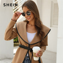 Load image into Gallery viewer, SHEIN Solid Contrast Binding Waterfall Collar Casual Coat With Belt Women 2019 Autumn Streetwear Long Sleeve Ladies Outwear