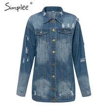 Load image into Gallery viewer, Simplee Fashion ripped denim jacket women Long sleeve buttons pocket female long  jeans coat Streetwear plus size ladies jackets