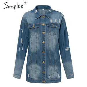 Simplee Fashion ripped denim jacket women Long sleeve buttons pocket female long  jeans coat Streetwear plus size ladies jackets