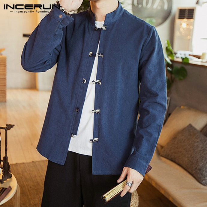 INCERUN Tang Suit Men Pure Color Collar Vintage Shirt Leisure Stylish Buckle Cotton Linen Print Sleeve High Street Mens Blouse