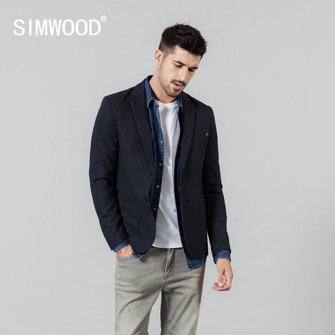 SIMWOOD 2019 autumn winter vertical striped blazer men mix wool casual jackets high quality plus size brand clothing c