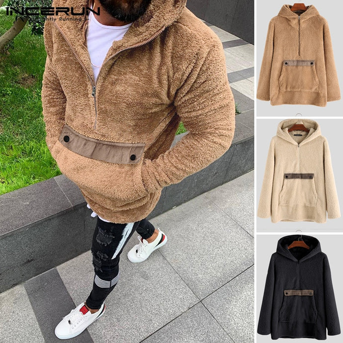 INCERUN Winter Fashion Men Fleece Hoodie Casual Long Sleeve Furry Streetwear Zipper Hooded Pullovers Sweatshirt Jogger Plus Size