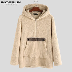 INCERUN Winter Fashion Men Fleece Hoodie Casual Long Sleeve Furry Streetwear Zipper Hooded Pullovers Sweatshirt Jogger Plus Size