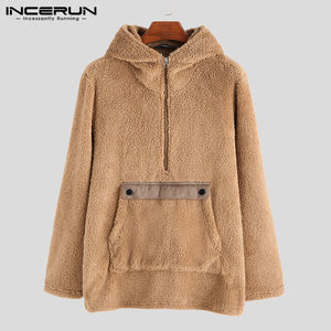 INCERUN Winter Fashion Men Fleece Hoodie Casual Long Sleeve Furry Streetwear Zipper Hooded Pullovers Sweatshirt Jogger Plus Size