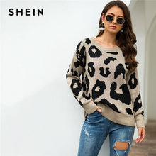 Load image into Gallery viewer, SHEIN Leopard Print Winter Casual Sweater Women 2019 Autumn Streetwear Round Neck Long Sleeve Solid Ladies Basic Sweaters