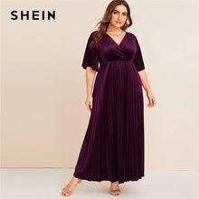 Load image into Gallery viewer, SHEIN Plus Size Flutter Sleeve Pleated Velvet Dress Women Autumn Winter V Neck A Line Empire Glamorous Party Maxi Dresses