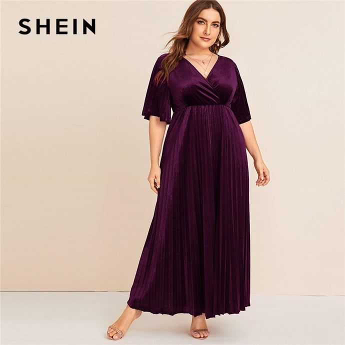 SHEIN Plus Size Flutter Sleeve Pleated Velvet Dress Women Autumn Winter V Neck A Line Empire Glamorous Party Maxi Dresses