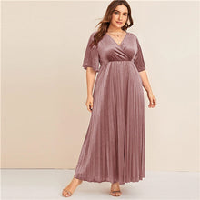 Load image into Gallery viewer, SHEIN Plus Size Flutter Sleeve Pleated Velvet Dress Women Autumn Winter V Neck A Line Empire Glamorous Party Maxi Dresses