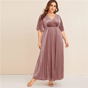 SHEIN Plus Size Flutter Sleeve Pleated Velvet Dress Women Autumn Winter V Neck A Line Empire Glamorous Party Maxi Dresses