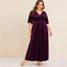 Load image into Gallery viewer, SHEIN Plus Size Flutter Sleeve Pleated Velvet Dress Women Autumn Winter V Neck A Line Empire Glamorous Party Maxi Dresses