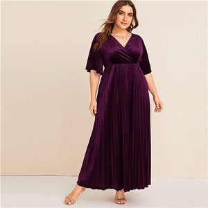 SHEIN Plus Size Flutter Sleeve Pleated Velvet Dress Women Autumn Winter V Neck A Line Empire Glamorous Party Maxi Dresses